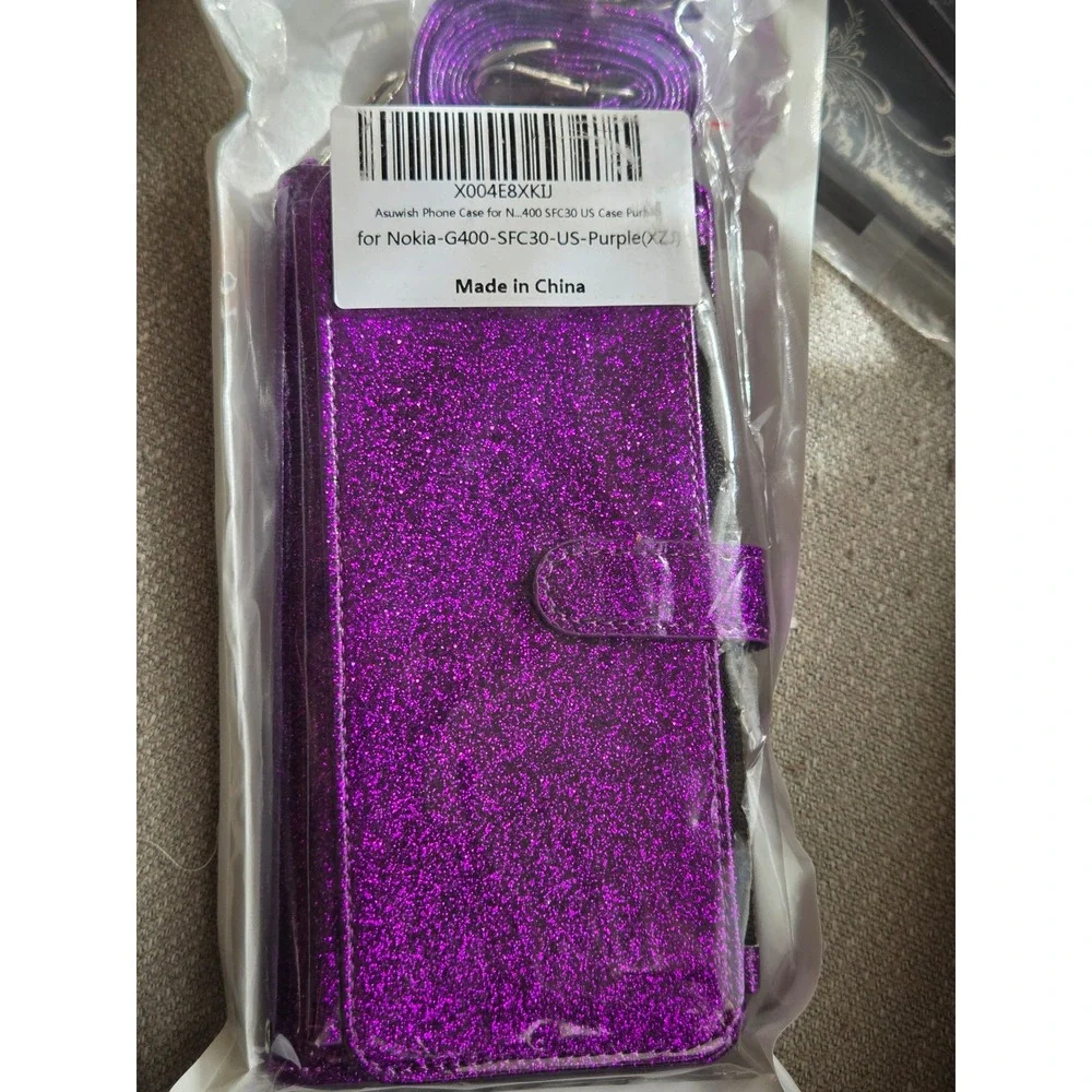 Asuwish Purple Glitter Wallet Case for Nokia G400 Crossbody Strap Zipper Pocket‎